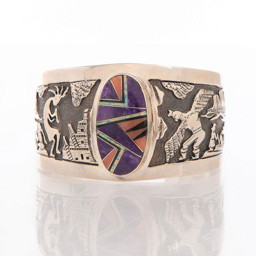 Appraisal: STAMPED SILVER NAVAJO BRACELET WITH STONE INLAY Cuff bracelet with