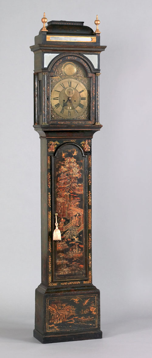 Appraisal: George II Japanned tall case clock ca the sarcophagus bonnet