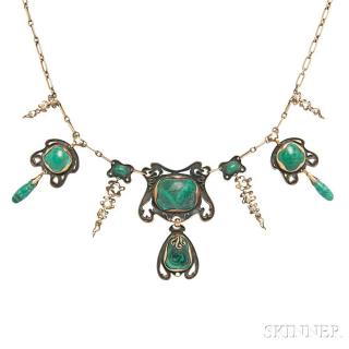 Appraisal: Arts and Crafts Gilt-silver and Malachite Necklace the organic form