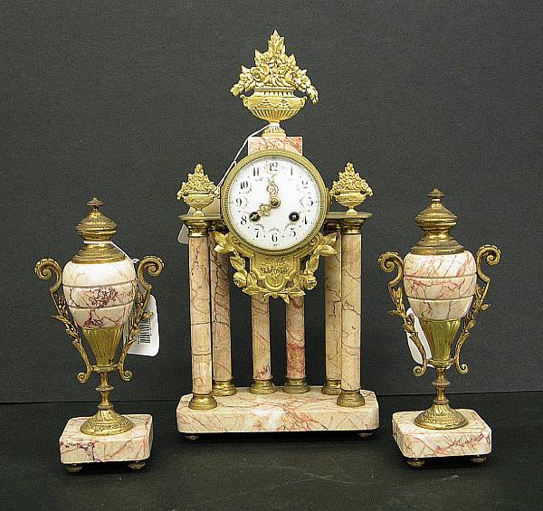 Appraisal: A French gilt metal mounted pink veined marble three piece