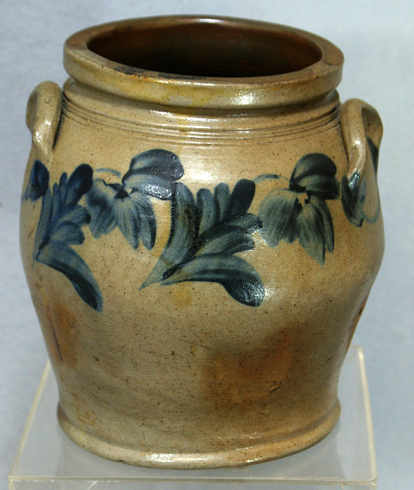 Appraisal: gallon stoneware jar with blue floral decoration slightly misshapen top