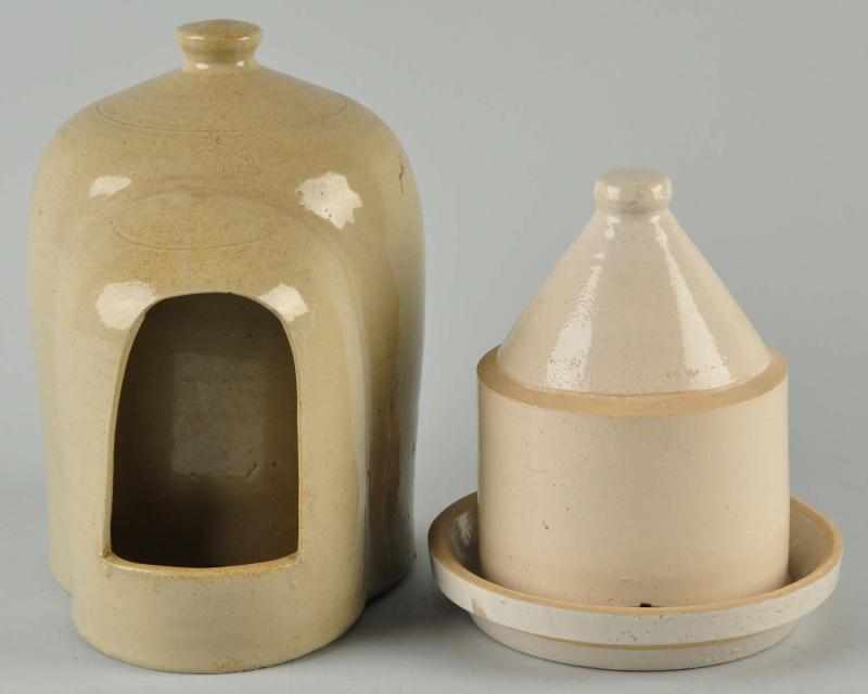 Appraisal: Lot of Stoneware Chicken Feeders Description Smaller of the two