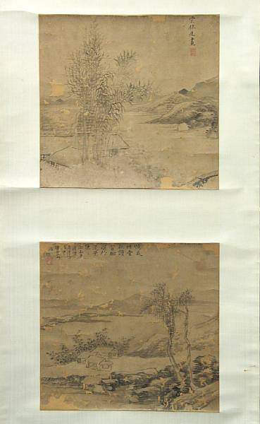 Appraisal: Two hanging scrolls One mounted with two landscape album leaves