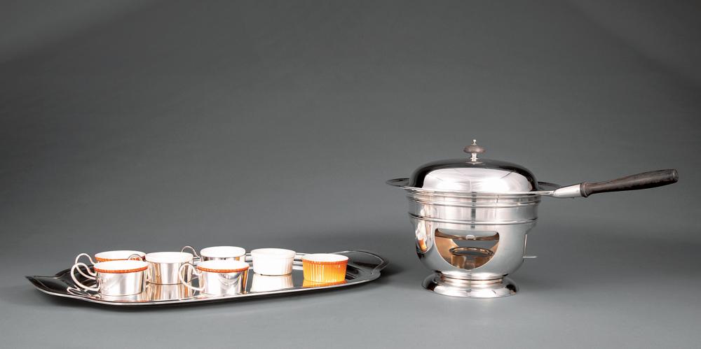 Appraisal: Modernist Silverplate Chafing Dish together with rectangular tray and silverplate