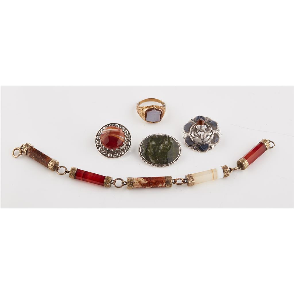 Appraisal: A Scottish agate set bracelet composed of five agate batons