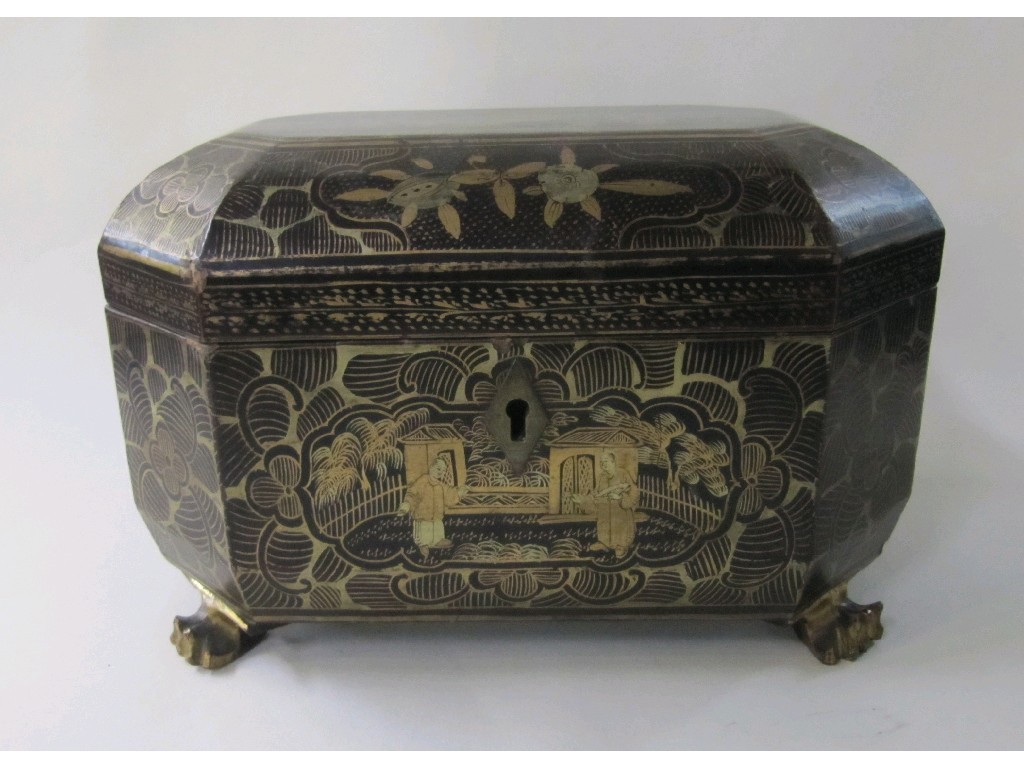 Appraisal: Oriental lacquered tea caddy the interior with two lead canisters