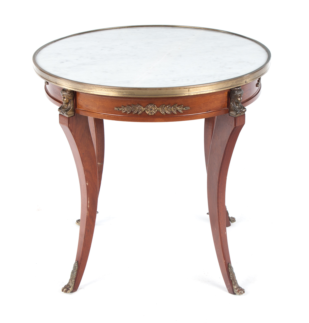 Appraisal: French Empire style mahogany side table in round white marble