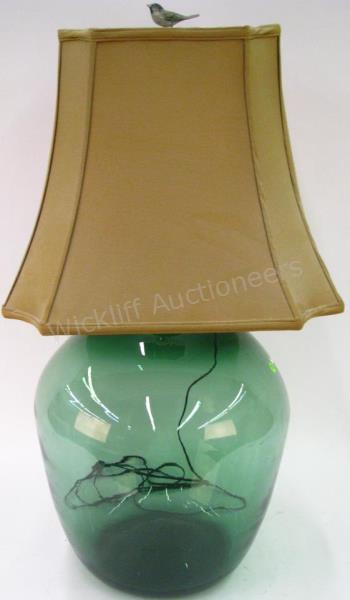 Appraisal: A green glass 'terrarium' style table lamp with silk shade