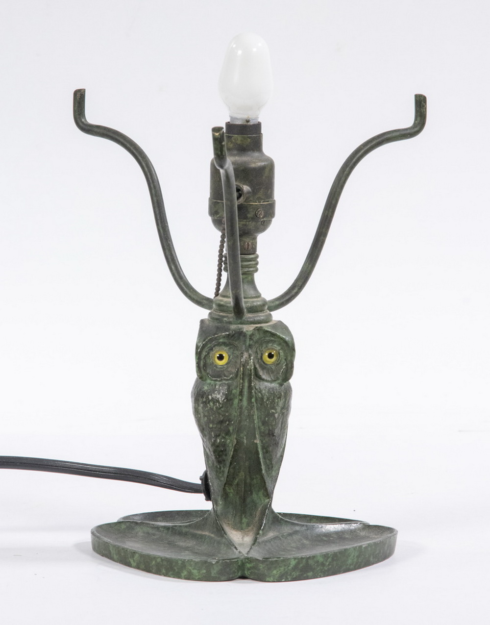 Appraisal: BRADLEY HUBBARD OWL LAMP BASE Early th c Verdigris Patinated