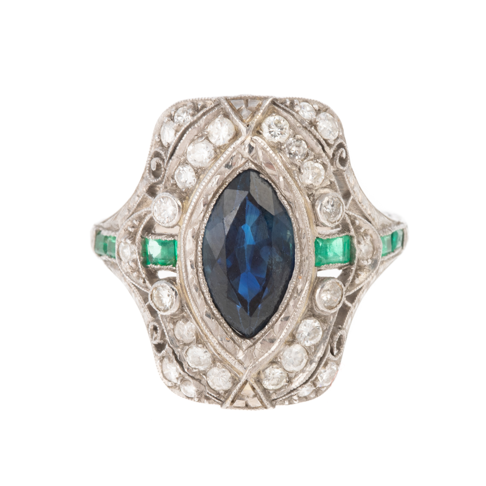 Appraisal: ART DECO SAPPHIRE EMERALD DIAMOND RING IN PLATINUM Platinum Art