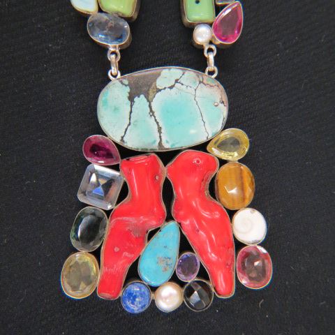 Appraisal: Gemstone Coral Artisan Necklace includes citrines amethyst pearl lapis turquoise