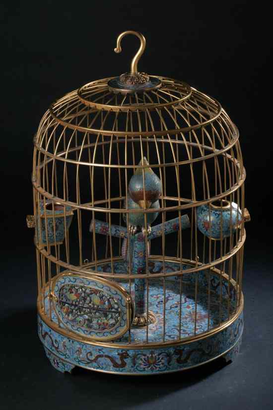 Appraisal: CHINESE CLOISONN ENAMEL CAGE AND BIRD Qianlong four character mark