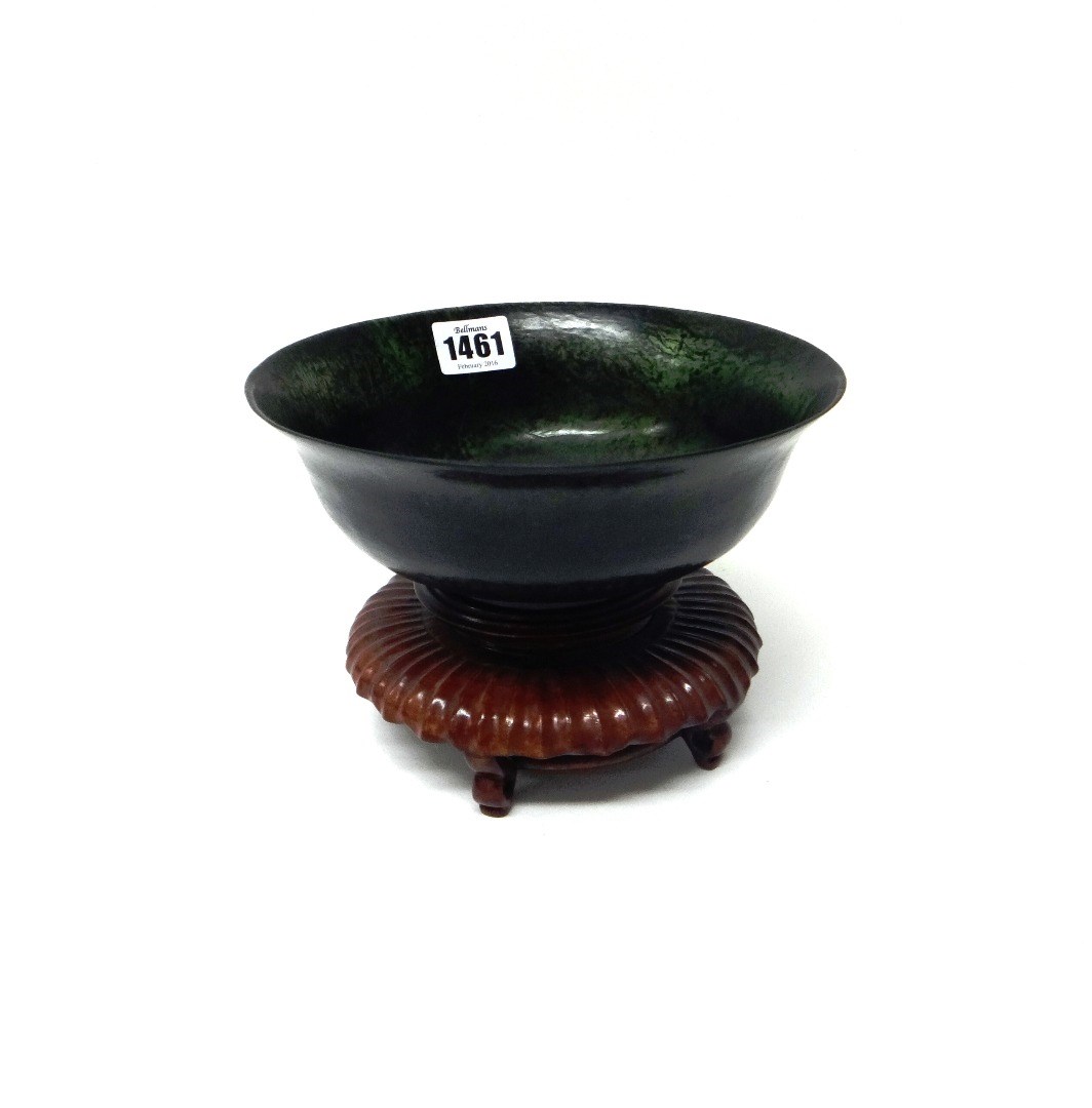 Appraisal: A spinach jade bowl th century with everted rim cm