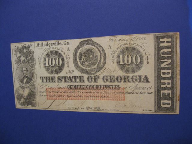 Appraisal: Georgia Confederate Civil War Note Milledgeville an excellent example