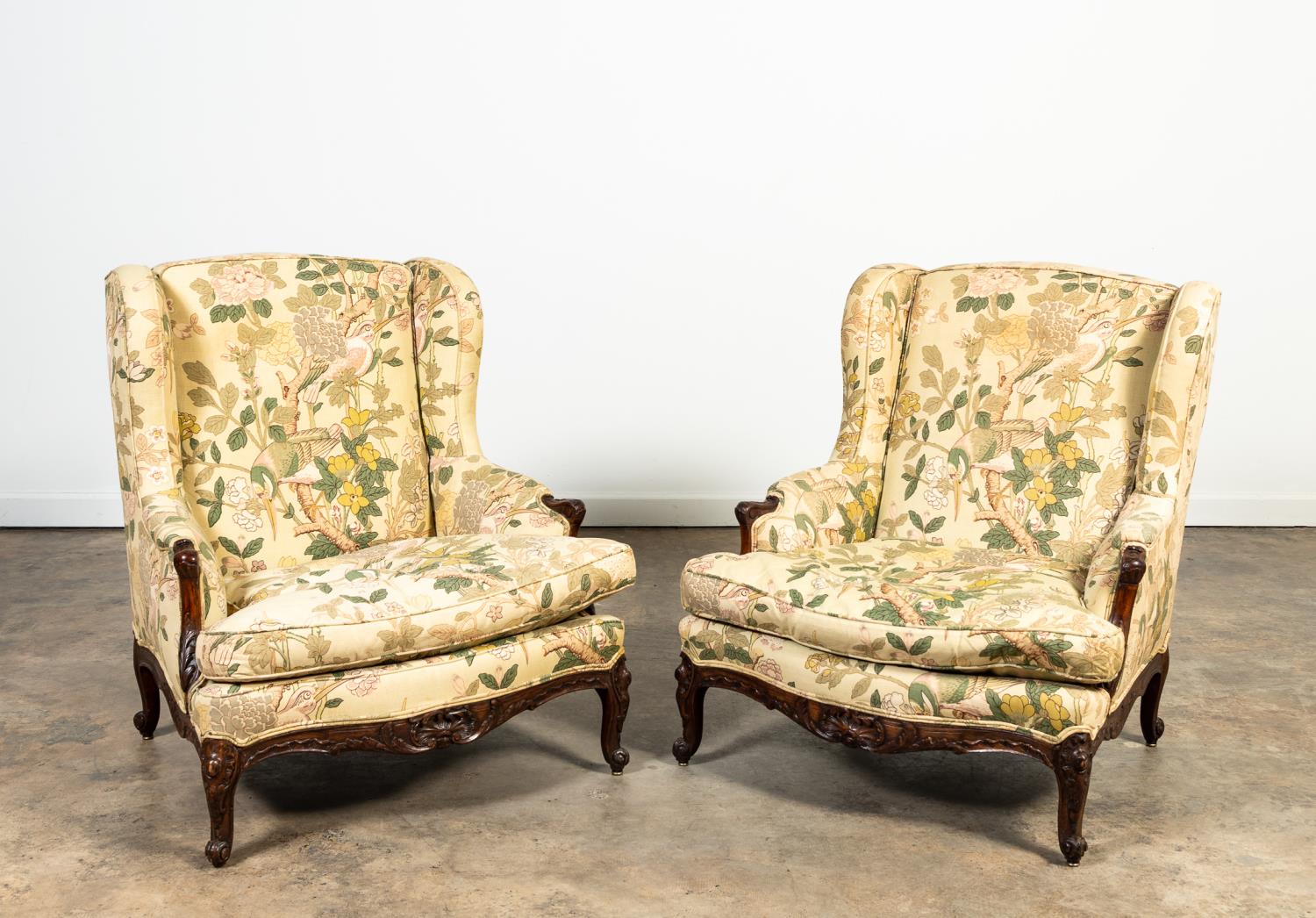 Appraisal: PR FRENCH LOUIS XV STYLE UPHOLSTERED ARMCHAIRS French pair of