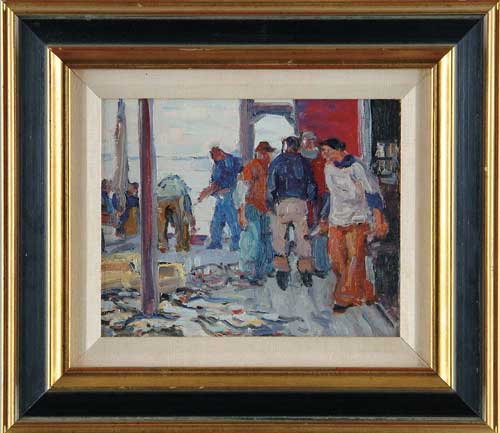 Appraisal: GEORGE RENOUARD American - DOCK SCENE WITH FISHERMEN Oil on