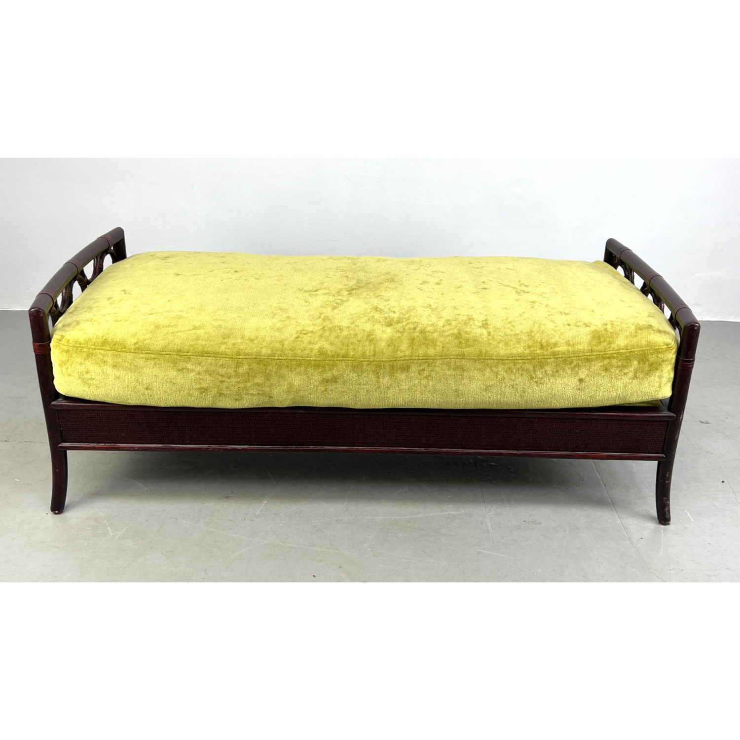 Appraisal: McGUIRE Dark Stained Rattan Ring Design Bench Thick Upholstered seat