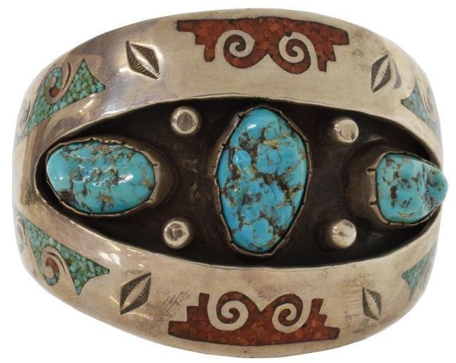 Appraisal: Native American silver content unknown shadowbox cuff bracelet arrowhead picto