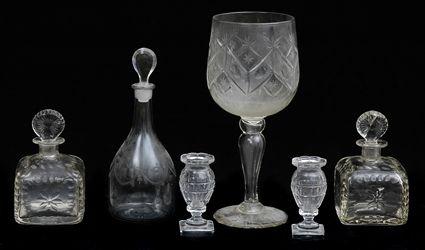 Appraisal: ENGLISH ENGRAVED GLASS MALLET-FORM DECANTER AND A PAIR OF LOW