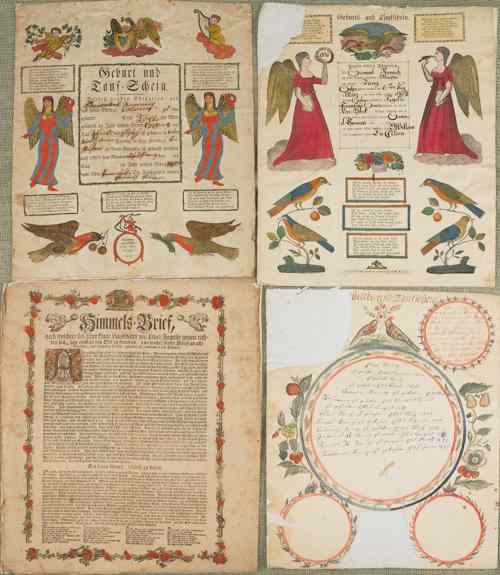 Appraisal: Four printed fraktur together with a remnant hand drawn family