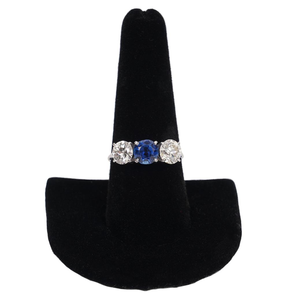 Appraisal: CLASSIC DIAMOND SAPPHIRE PLATINUM RINGDiamond sapphire platinum stone ring features