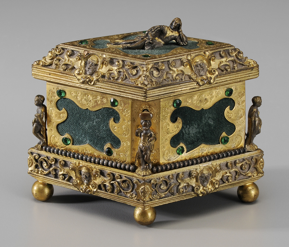 Appraisal: Gilt Metal Jewelry Cask Continental late- th century diamond-shaped Renaissance