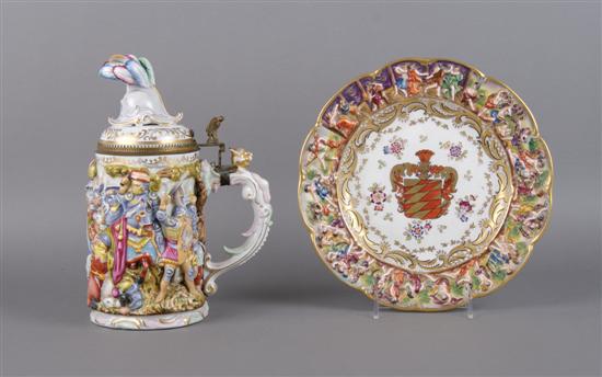 Appraisal: A Capodimonte Tankard and Armorial Plate Height of first inches