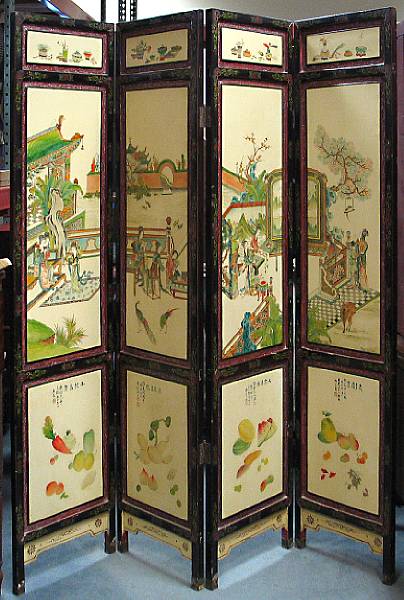 Appraisal: A Chinese polychrome painted wood four-panel floor screen th Century