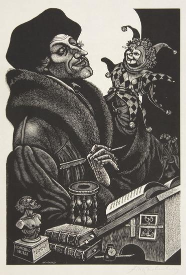 Appraisal: Fritz EichenbergUntitled Erasmus contemplating a jester puppet Woodcut signed in