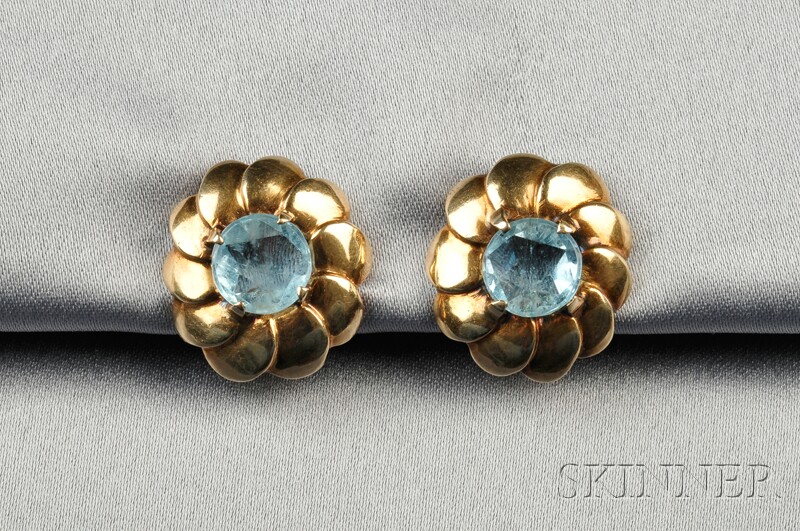 Appraisal: kt Gold and Aquamarine Earclips Seaman Schepps each centering an