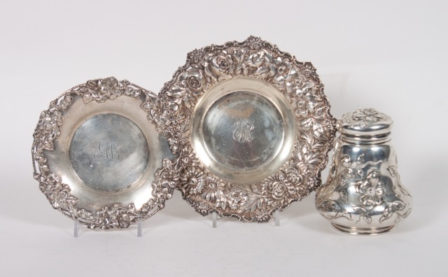 Appraisal: Three American sterling silver table articles including Stieff repousse bowl