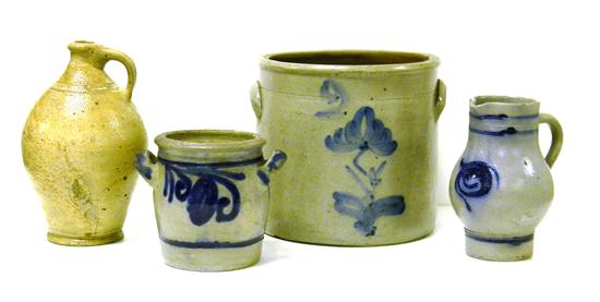 Appraisal: Stoneware four pieces salt glazed stoneware crock with cobalt floral