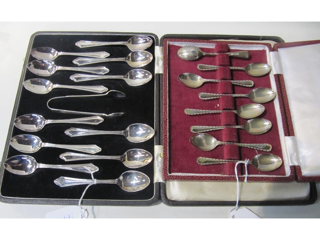 Appraisal: Lot comprising cased set of twelve silver spoons with tongs