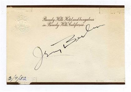 Appraisal: piece Card Signed Berlin Irving Beverly Hills Hotel card dated