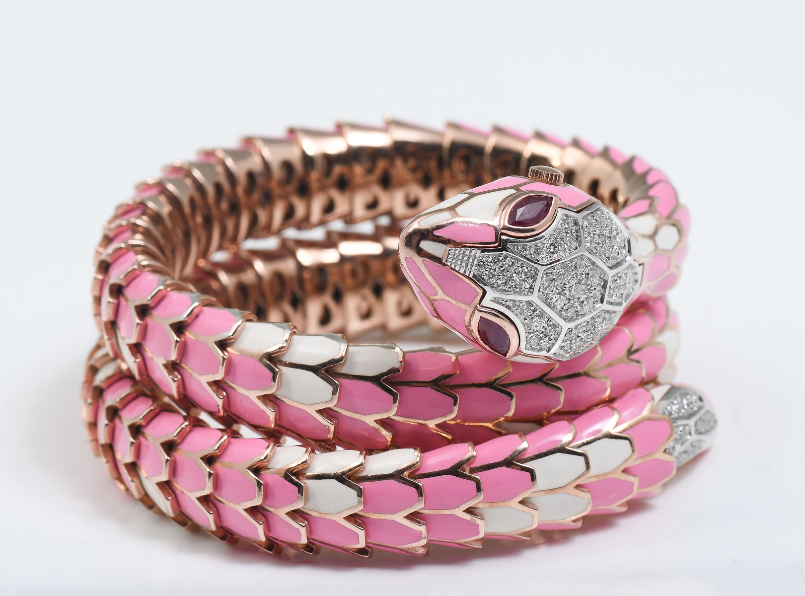 Appraisal: STERLING K PINK ENAMEL SNAKE BRACELET WATCH Sterling flexible articulated