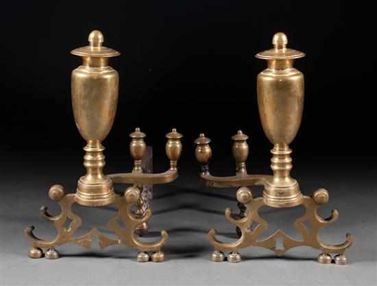 Appraisal: Pair of American Classical brass urn-form andirons circa urn top