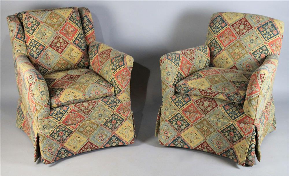 Appraisal: TWO DIMINUTIVE UPHOLSTERED ARMCHAIRS two similar upholstered ladies arm chairs