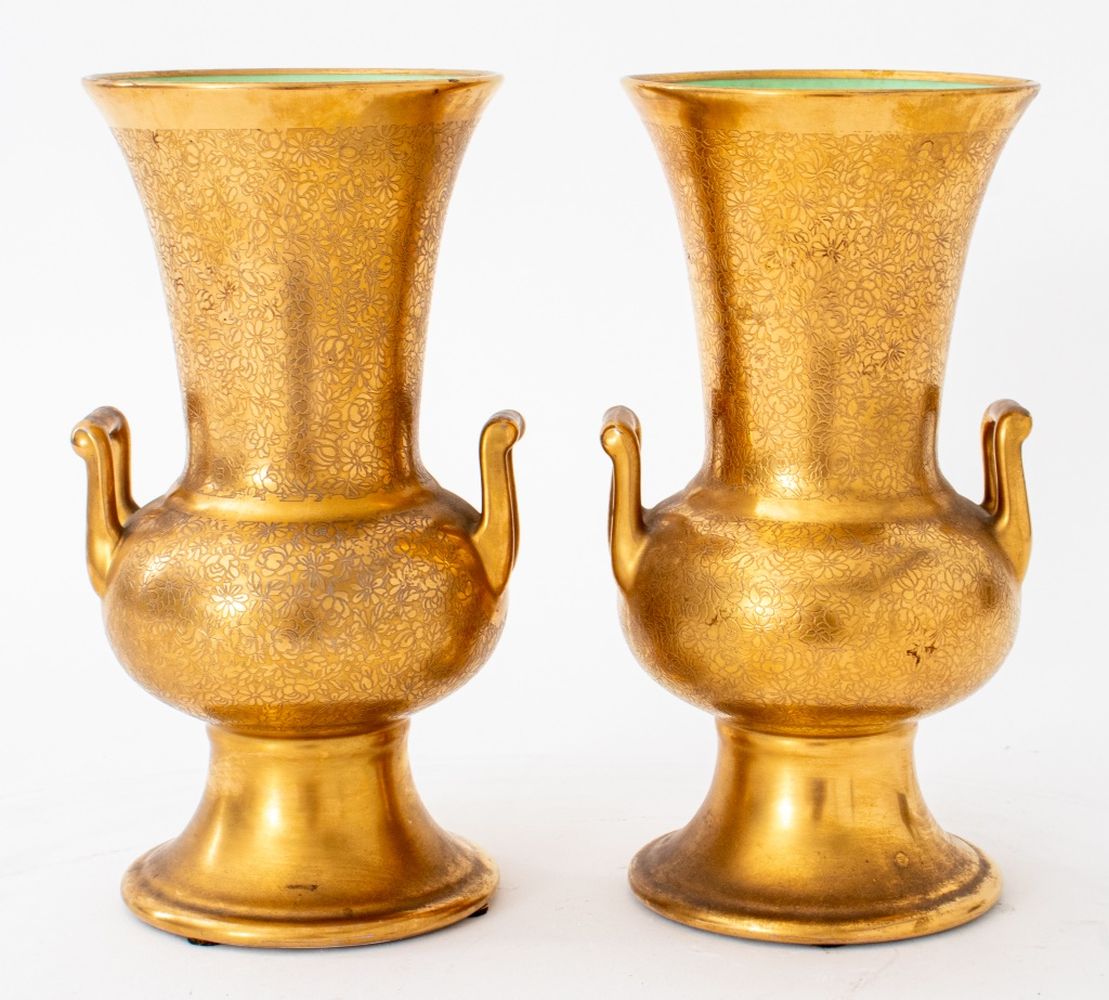 Appraisal: PICKARD GOLD ENCRUSTED CAMPAGNA-FORM URNS PAIR Pickard porcelain gold-encrusted campagna-form