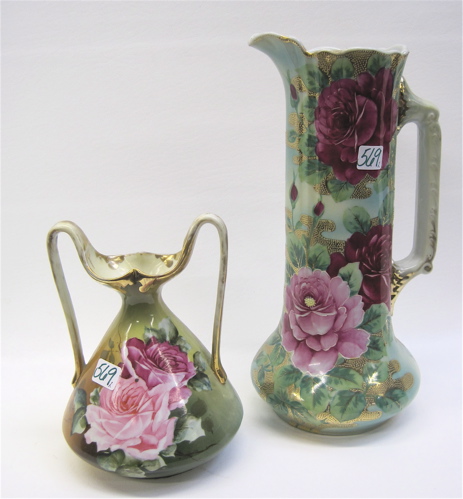 Appraisal: TWO PORCELAIN VASES with hand painted rose decorations and gold