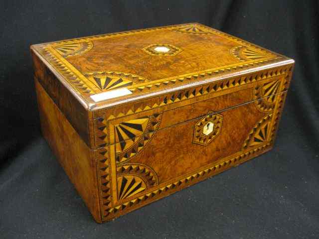 Appraisal: Victorian Inlaid Wooden Box mother-of-pearl highlights great workmanship silk brocade