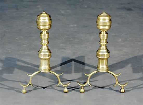 Appraisal: Pair American Classical brass andirons circa beehive finials and spurred