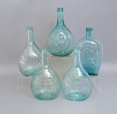 Appraisal: Five aqua glass bottles th c