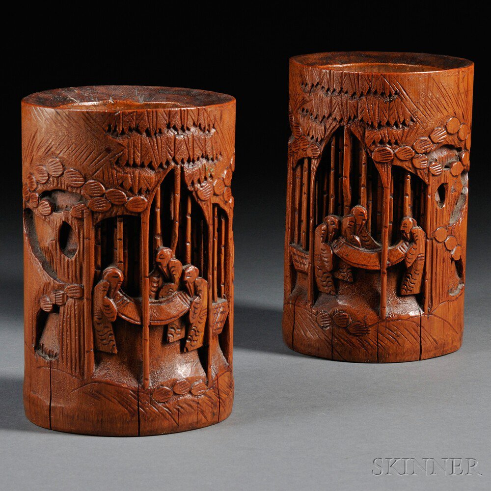 Appraisal: Pair of Bamboo Brush Pots China th century cylindrical carved