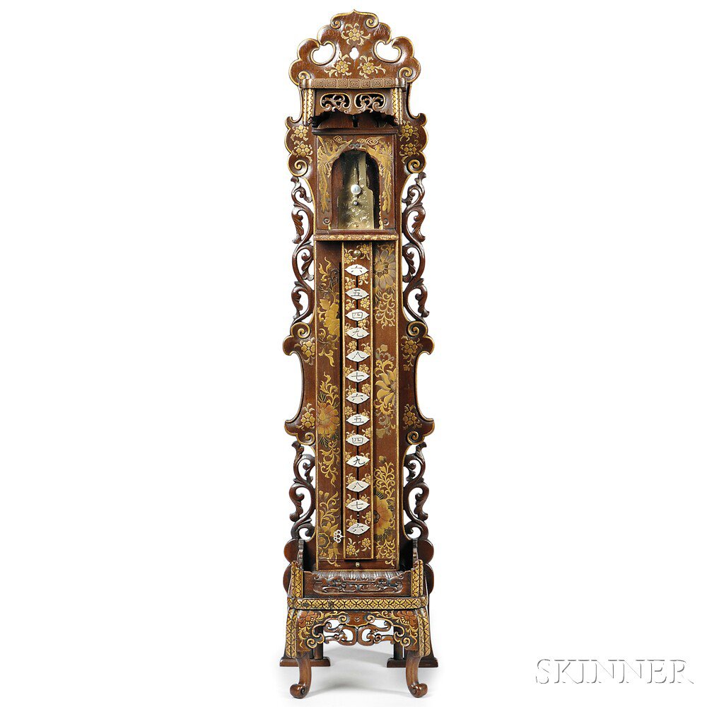 Appraisal: Large Shaku Dokei or Japanese Lacquered Stick Clock with Stand