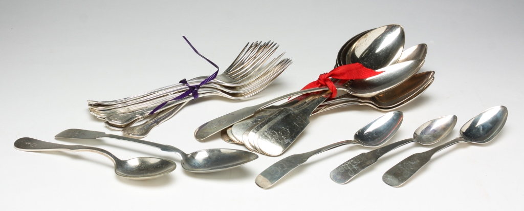 Appraisal: GROUP OF STERLING AND COIN SILVER FLATWARE Nineteenth century Seven