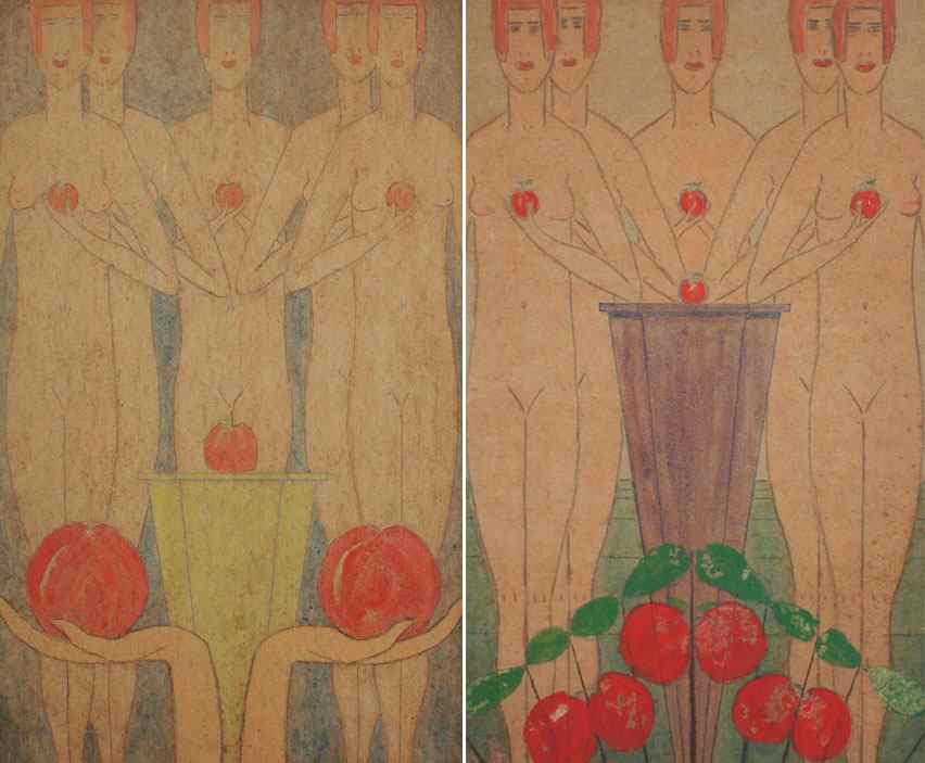 Appraisal: DECO ILLUSTRATIONS Depicts Female Nudes Holding Apples Watercolor and Pencils