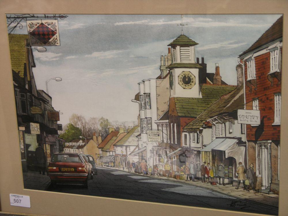 Appraisal: A watercolour - view of a populated Steyning High Street