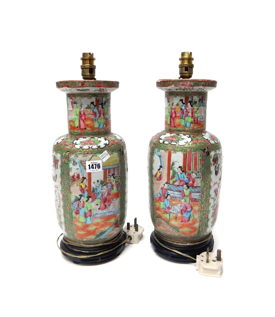 Appraisal: A pair of Canton famille-rose baluster vases th century painted