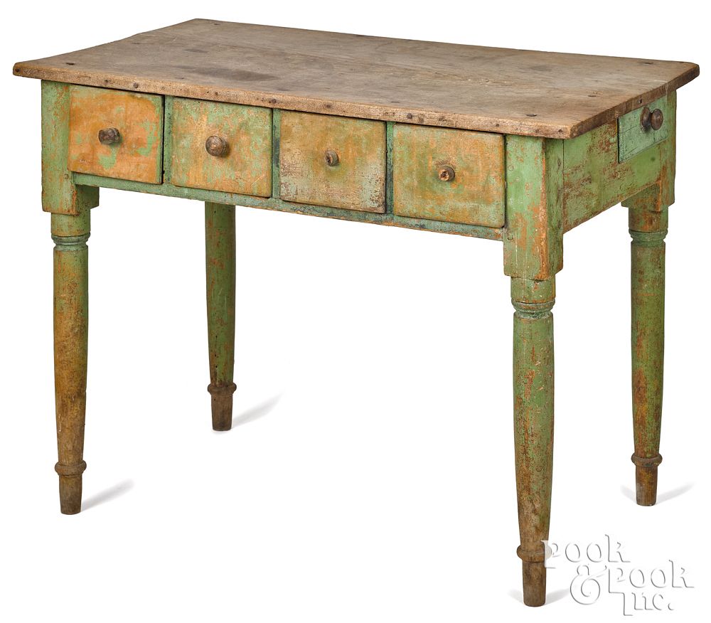 Appraisal: Painted oak work table th c retaining an old Painted