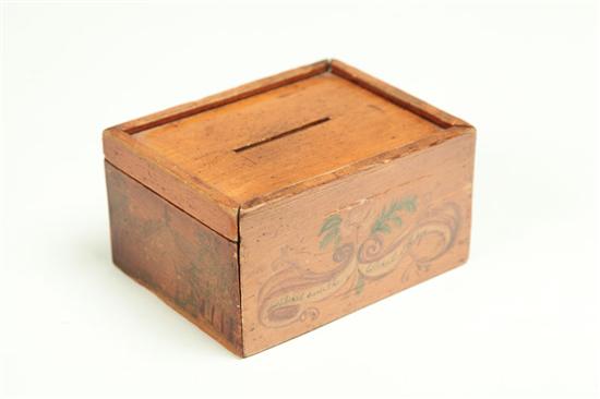 Appraisal: DECORATED ALMS BOX New England th century probably basswood Slide-lid